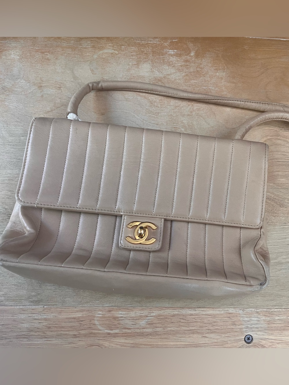 Vintage Authentic Chanel Beige Quilted Leather Shoulder Bag- Strap Needs Repair